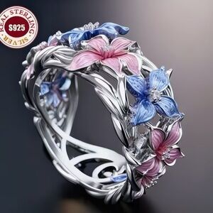 Custom Designs Floral Sterling Silver Ring with Pink and Blue Accents